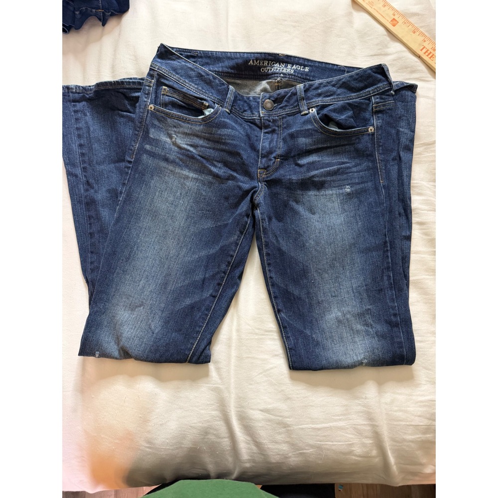 American Eagle Kick Boot Stretch 12 Long Dark Wash Blue Bootcut Distressed - Picture 8 of 8